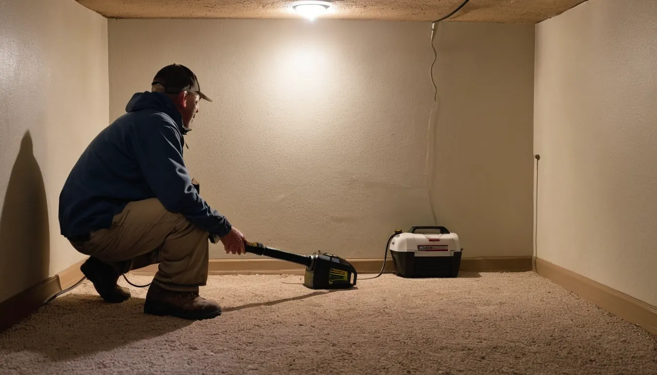 A provider checking a basement foundation wall near a sump pump